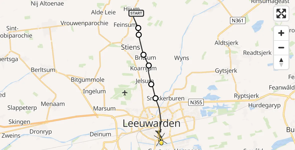 Routekaart van de vlucht: Ambulancehelikopter naar Leeuwarden, Poeldyk