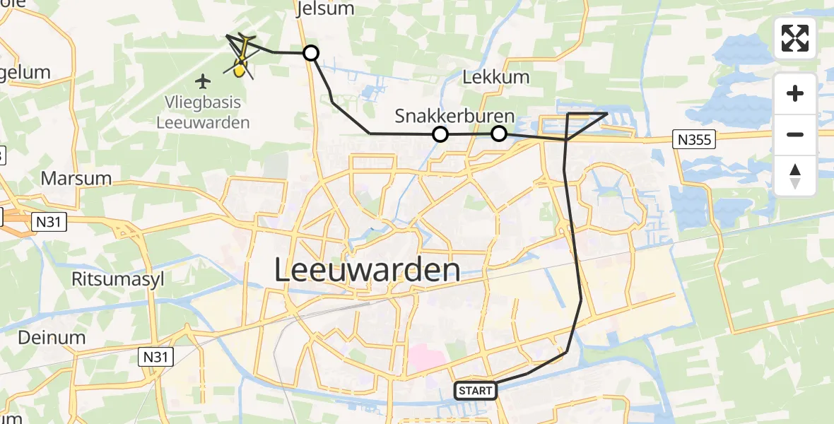 Vluchtroute Ambulancehelikopter van Leeuwarden naar Vliegbasis Leeuwarden