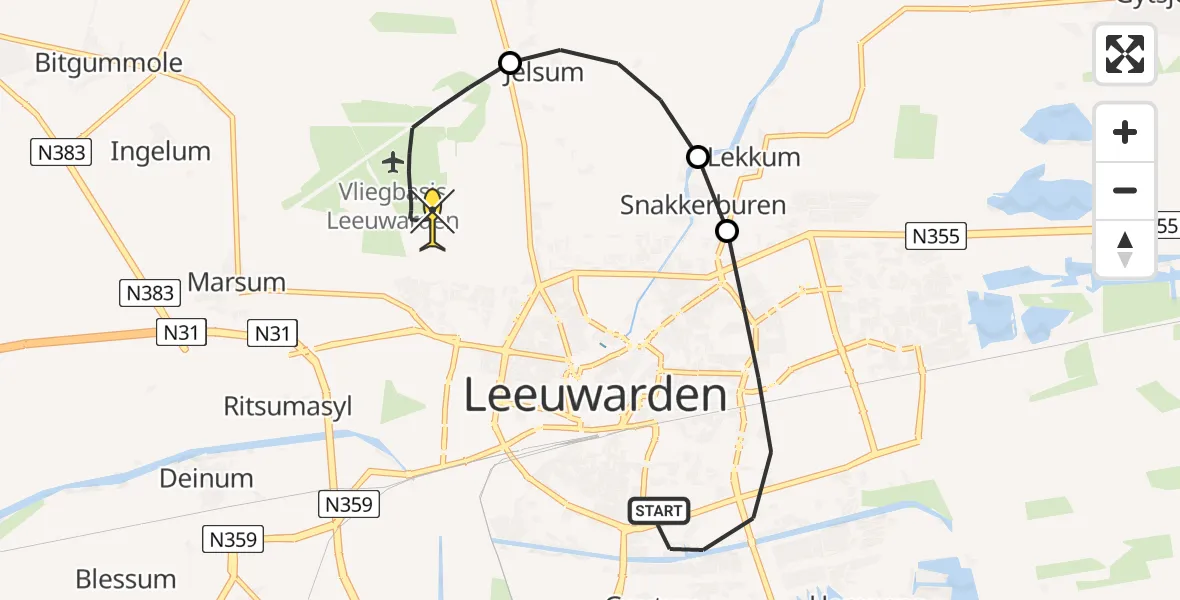 Routekaart van de vlucht: Kustwachthelikopter naar Vliegbasis Leeuwarden, Zenegroen