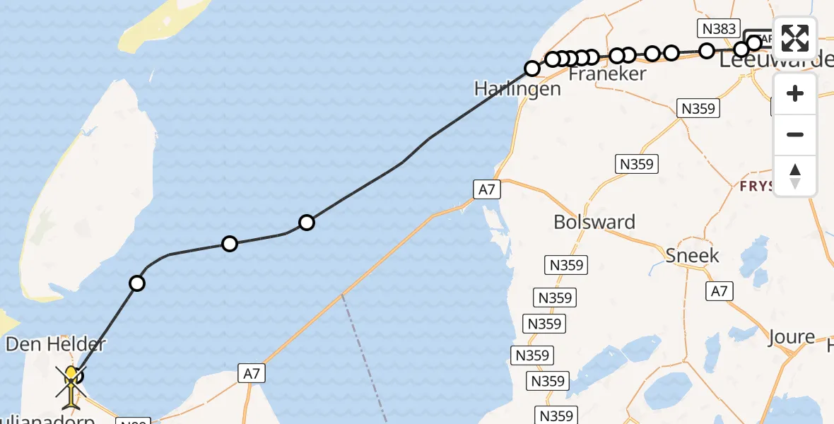 Routekaart van de vlucht: Kustwachthelikopter naar Vliegveld De Kooy, Famylje Tammingaleane