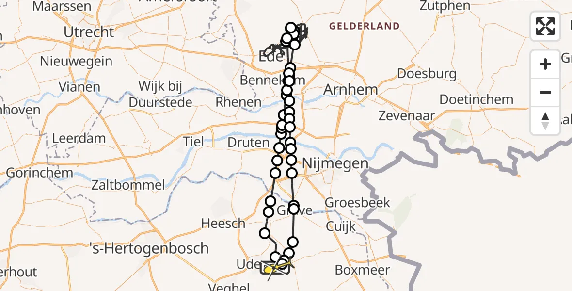 Routekaart van de vlucht: Politieheli naar Vliegbasis Volkel, Achter-Oventje