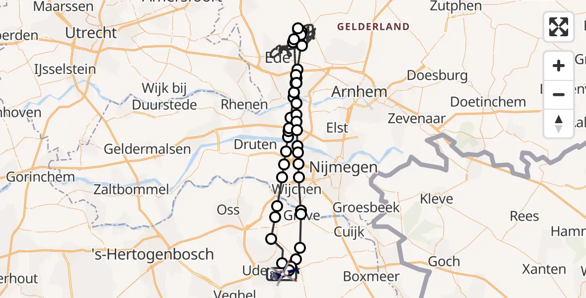 Vluchtroute Politiehelikopter van Vliegbasis Volkel naar Vliegbasis Volkel