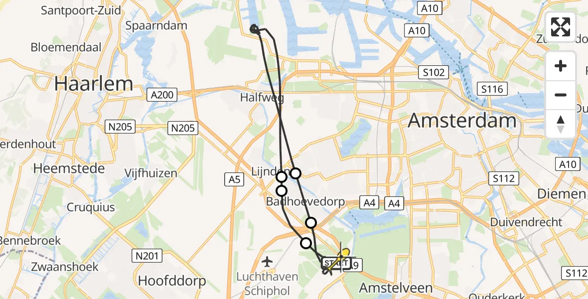 Routekaart van de vlucht: Politieheli naar Schiphol, Loevesteinse Randweg