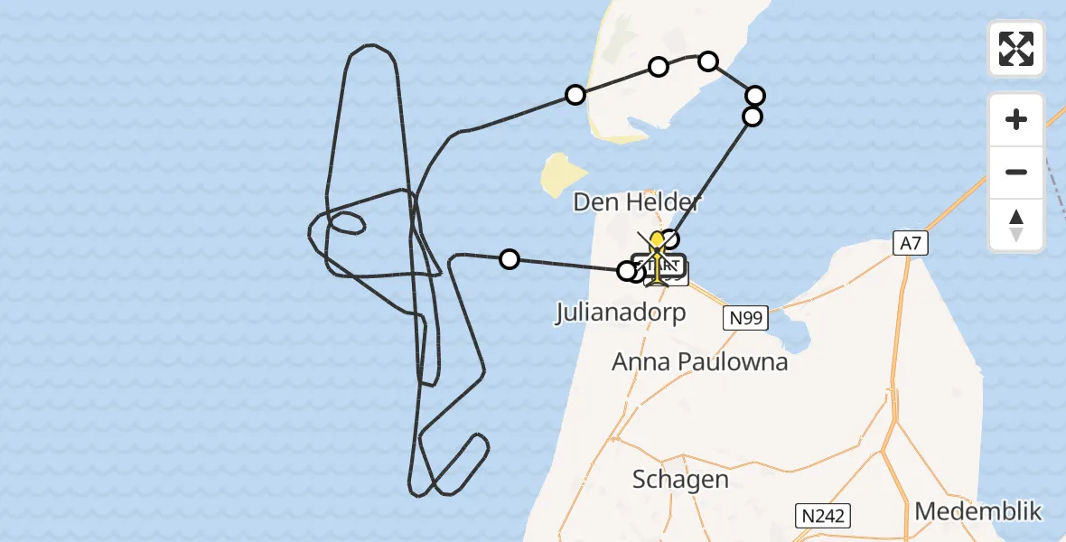 Routekaart van de vlucht: Kustwachthelikopter naar Vliegveld De Kooy, Middenvliet