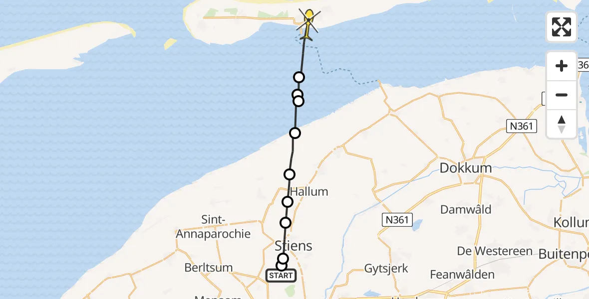 Routekaart van de vlucht: Ambulancehelikopter naar Nes, Brédyk