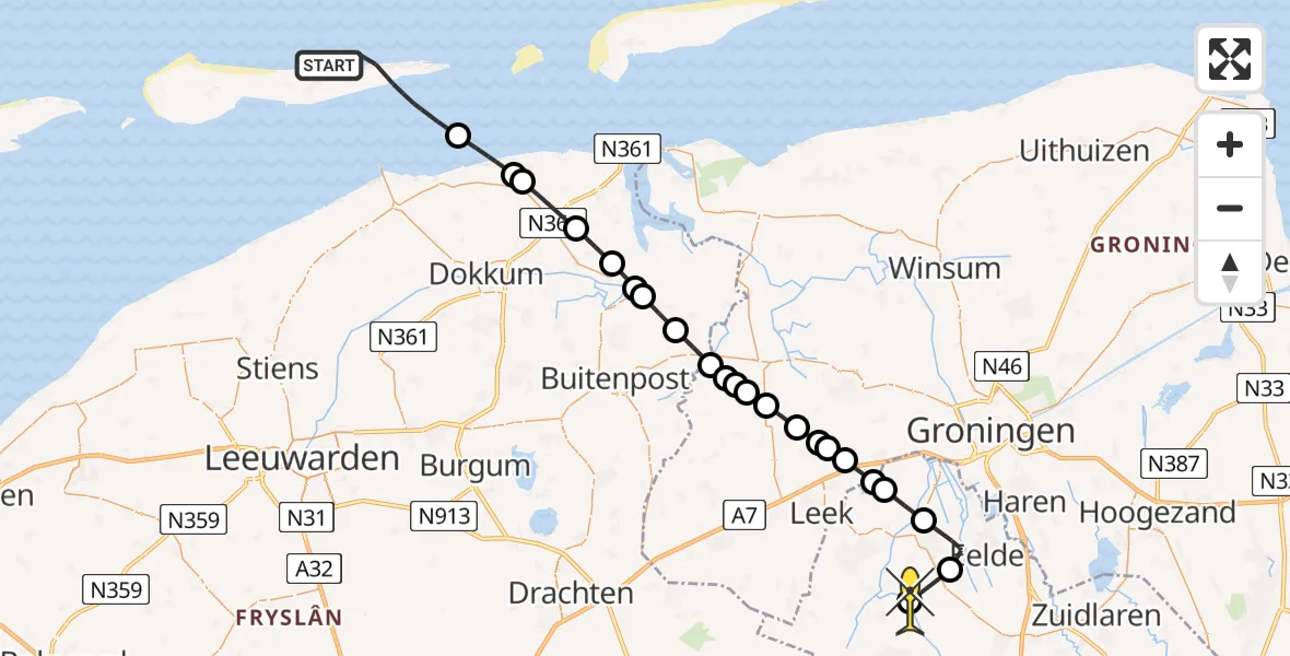 Routekaart van de vlucht: Lifeliner 4 naar Lieveren, Kooistuifdijkpad