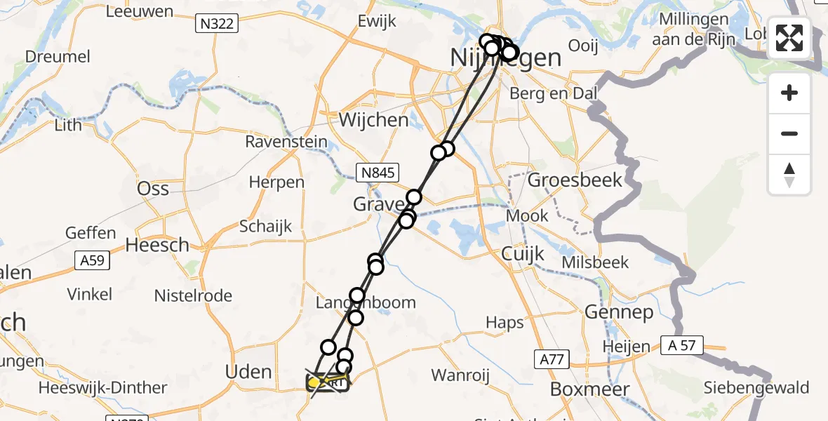 Routekaart van de vlucht: Politieheli naar Vliegbasis Volkel, Kamelen