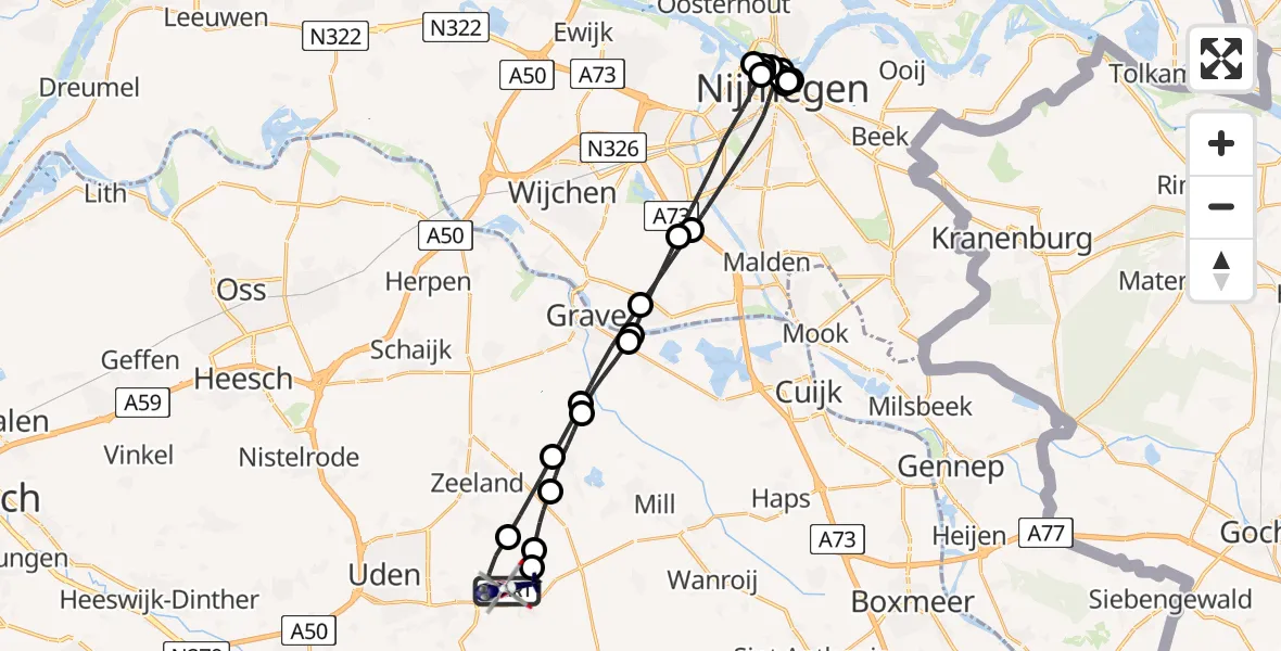 Vluchtroute Politiehelikopter van Vliegbasis Volkel naar Vliegbasis Volkel