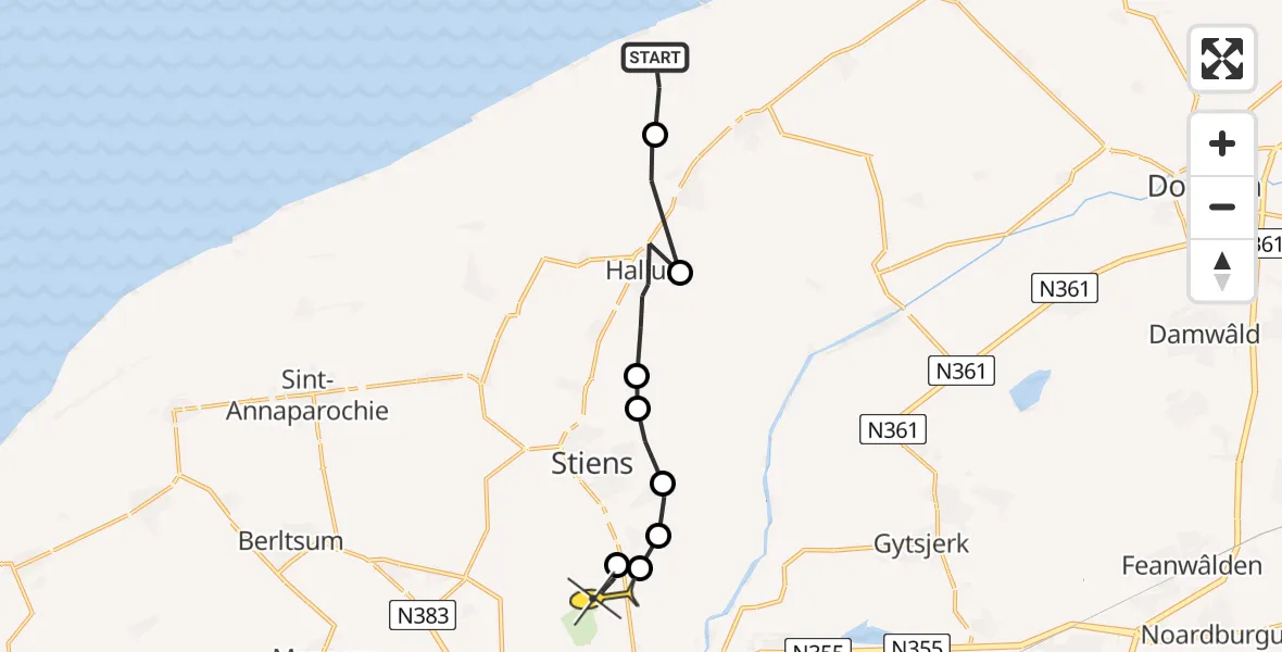 Routekaart van de vlucht: Ambulancehelikopter naar Vliegbasis Leeuwarden, Jepmaloane