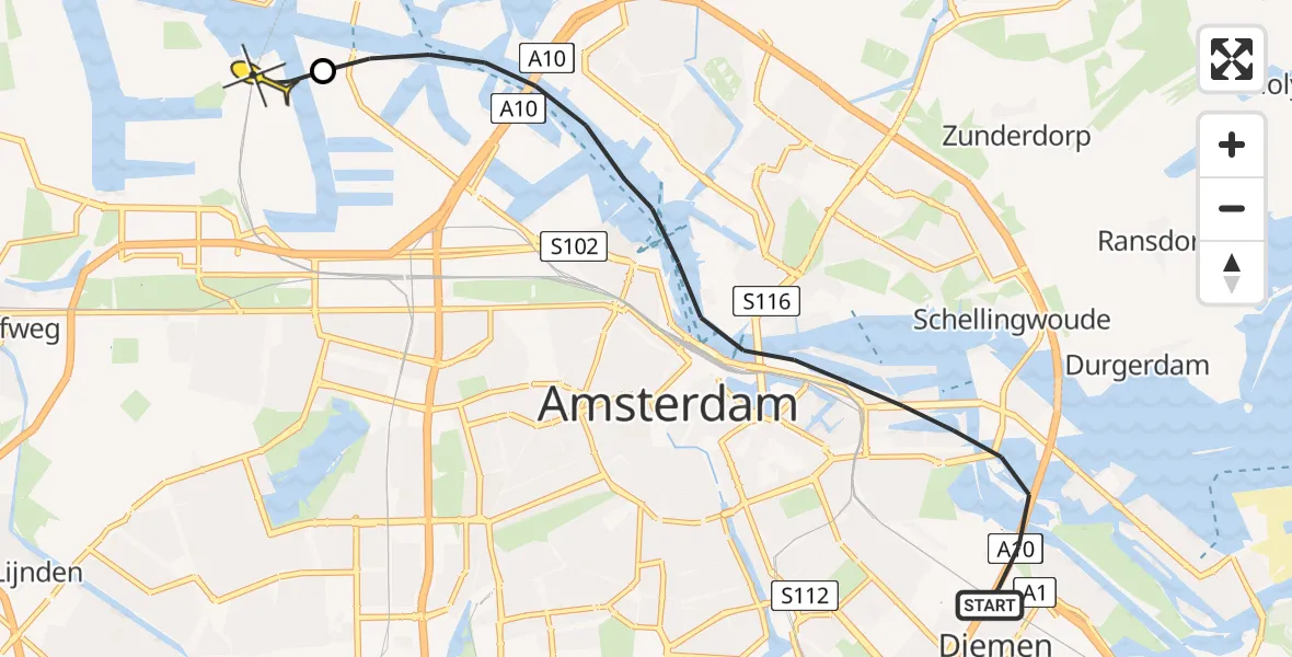 Routekaart van de vlucht: Lifeliner 1 naar Amsterdam Heliport, Nesciobrug