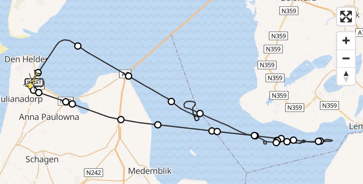 Routekaart van de vlucht: Kustwachthelikopter naar Vliegveld De Kooy, Maria's hoeve