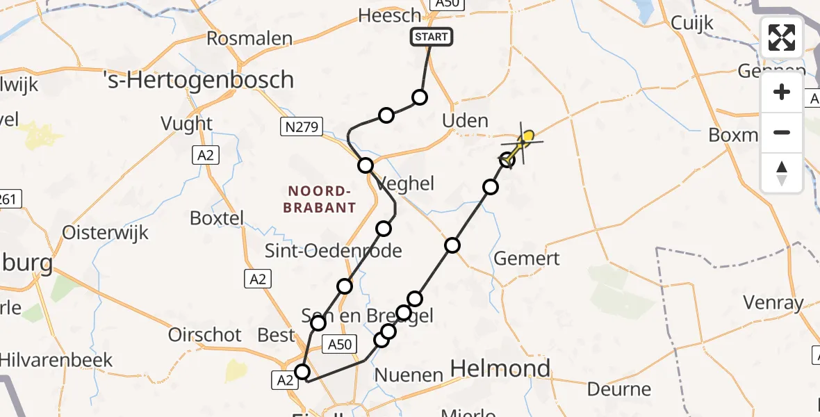 Routekaart van de vlucht: Politieheli naar Volkel, Oosterheidestraat