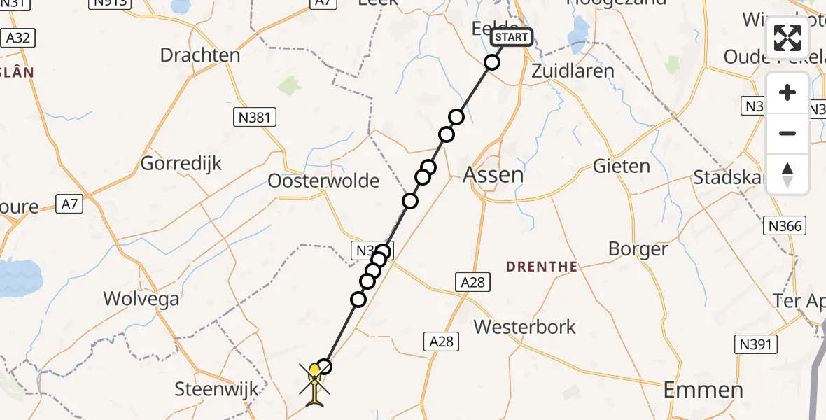 Routekaart van de vlucht: Lifeliner 4 naar Uffelte, Luchtenburgerweg