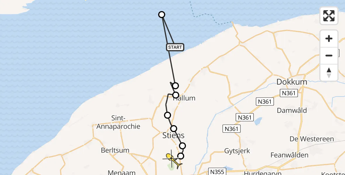 Routekaart van de vlucht: Ambulancehelikopter naar Vliegbasis Leeuwarden, Ameland