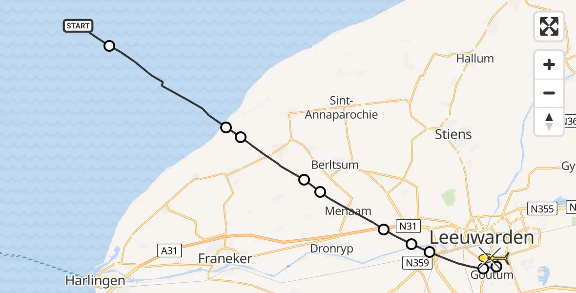 Routekaart van de vlucht: Ambulanceheli naar Leeuwarden, Oost Meep