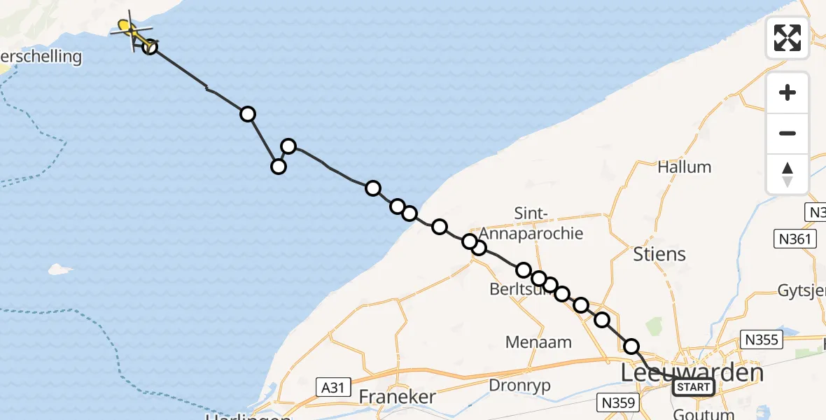 Routekaart van de vlucht: Ambulanceheli naar Formerum, Harlingertrekweg