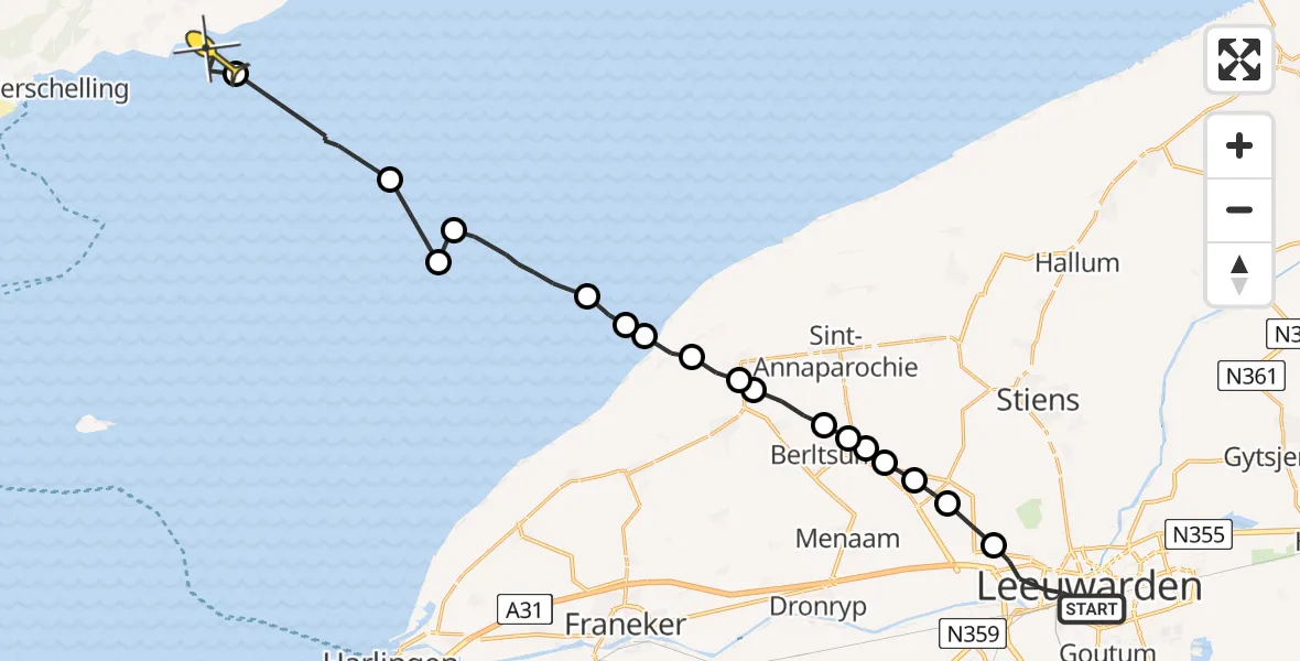 Routekaart van de vlucht: Ambulancehelikopter naar Formerum, Harlingertrekweg
