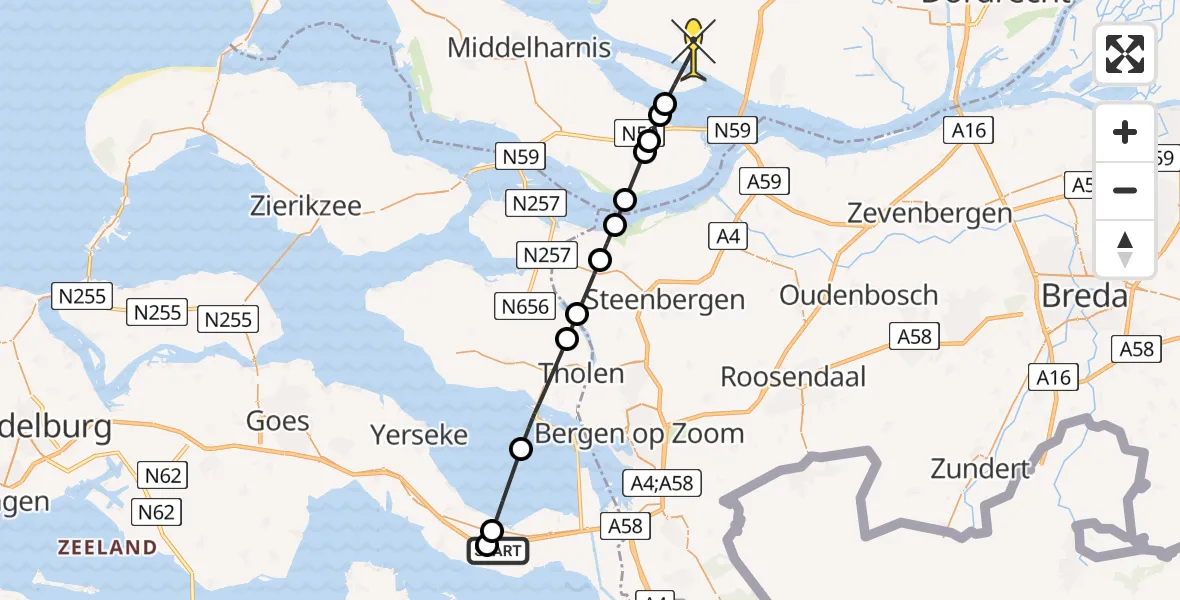 Routekaart van de vlucht: Lifeliner 2 naar Zuid-Beijerland, Krommeweg