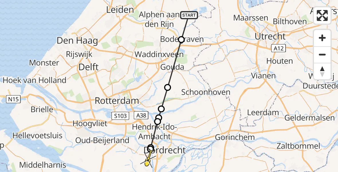 Routekaart van de vlucht: Politiehelikopter naar 's-Gravendeel, Nieuwstraat