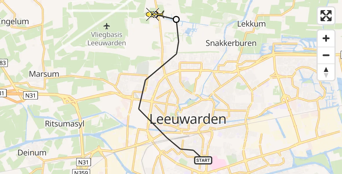 Vluchtroute Ambulancehelikopter van Leeuwarden naar Vliegbasis Leeuwarden