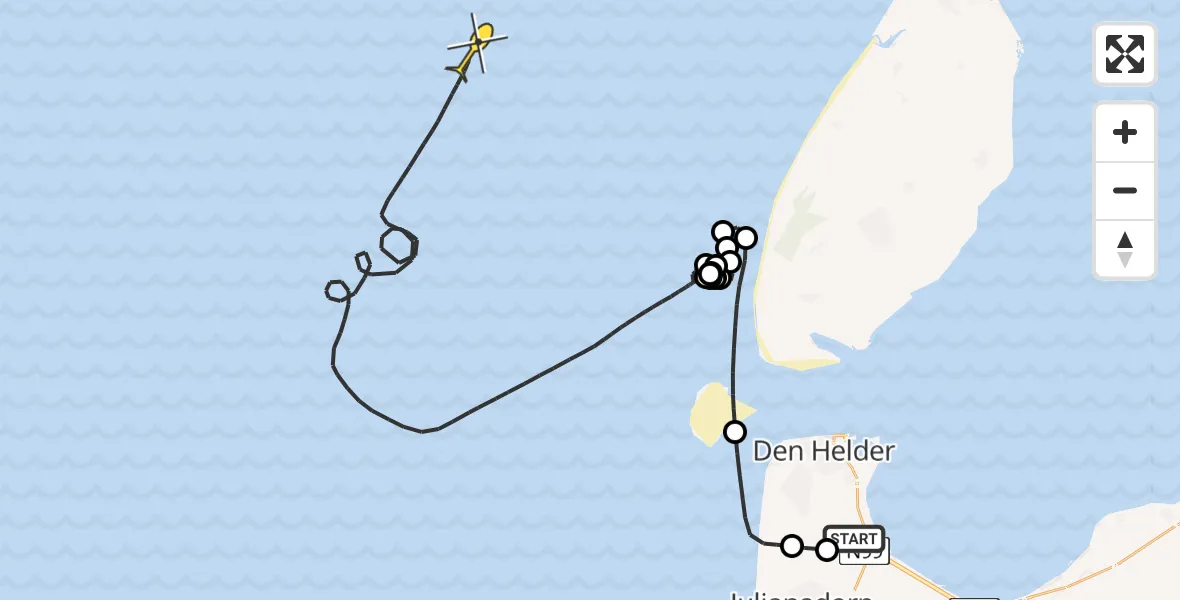 Routekaart van de vlucht: Kustwachthelikopter naar Middenvliet