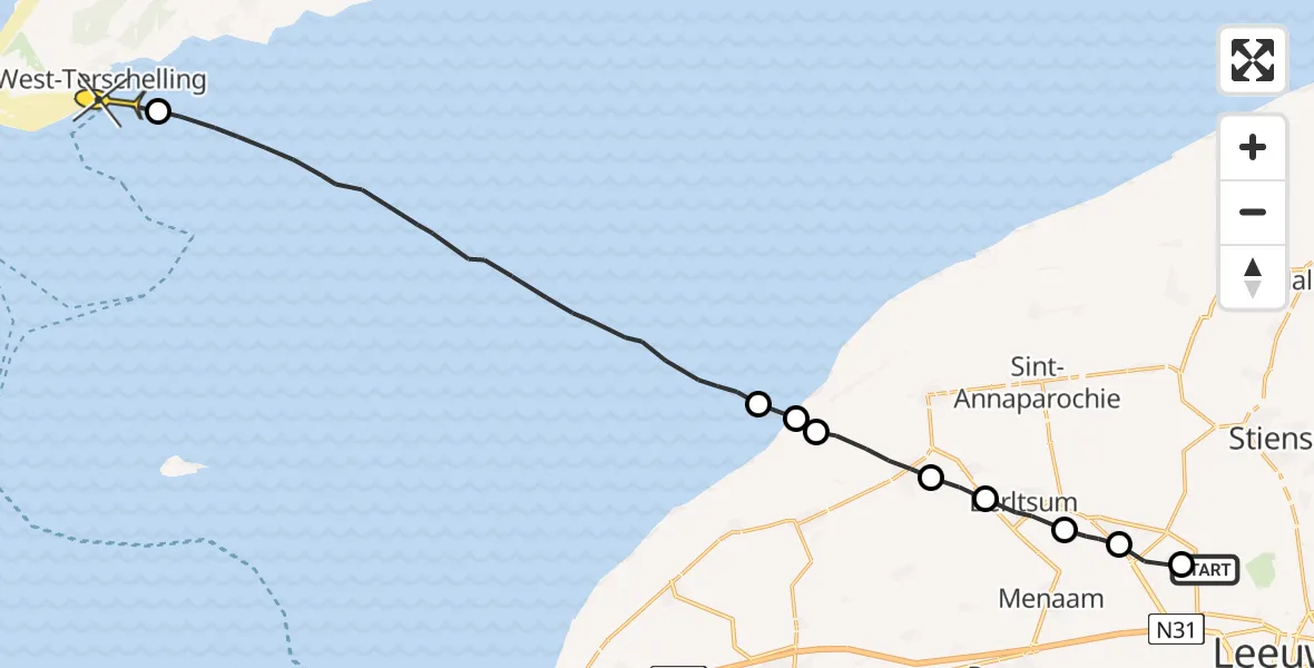 Routekaart van de vlucht: Ambulanceheli naar West-Terschelling, Buorren