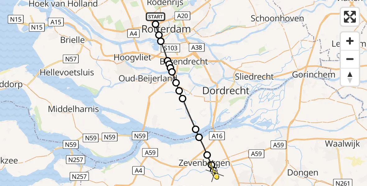 Routekaart van de vlucht: Lifeliner 2 naar Etten-Leur, Zestienhovensebaan