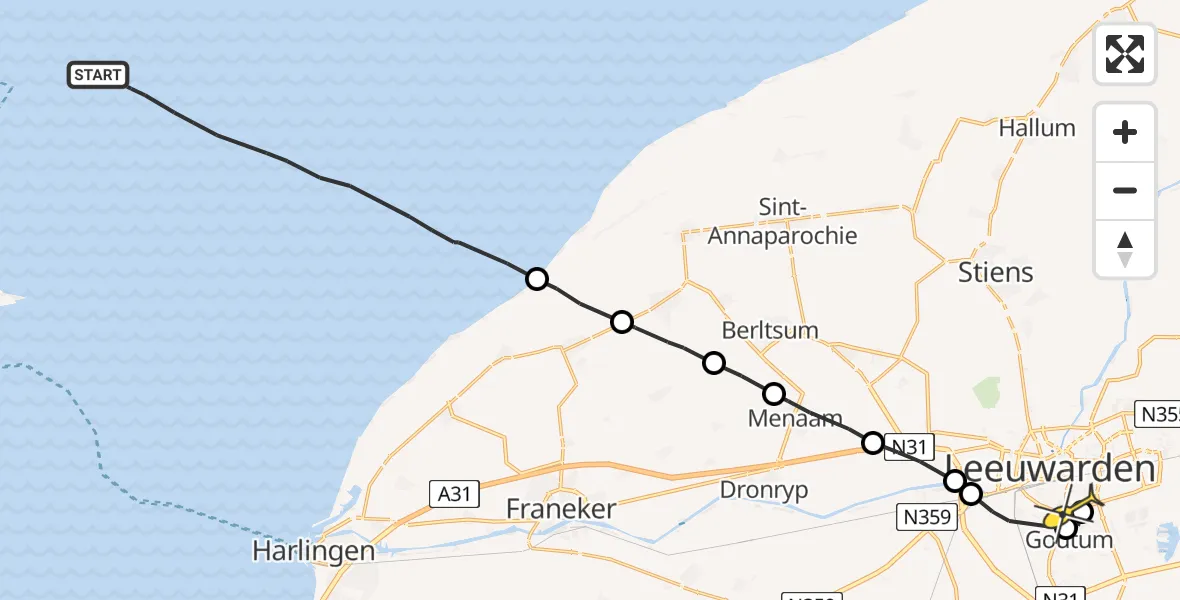 Routekaart van de vlucht: Ambulanceheli naar Leeuwarden, Zuid Meep