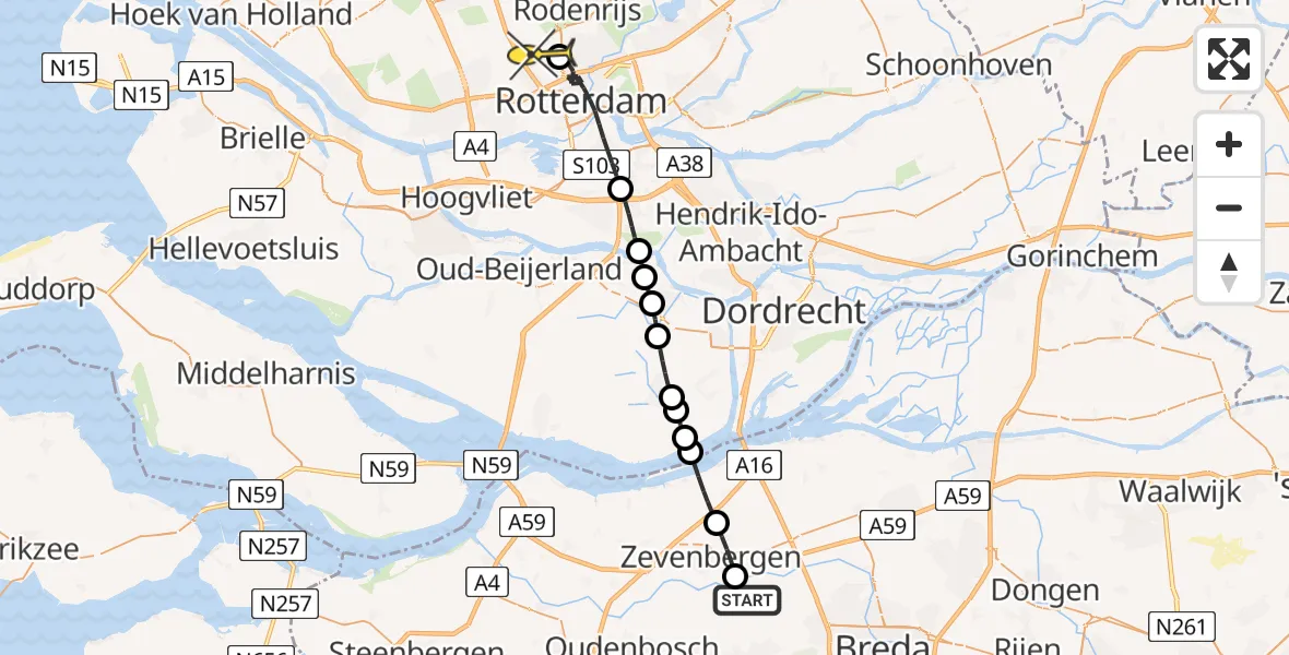 Routekaart van de vlucht: Lifeliner 2 naar Rotterdam The Hague Airport, Hoge Zijweg