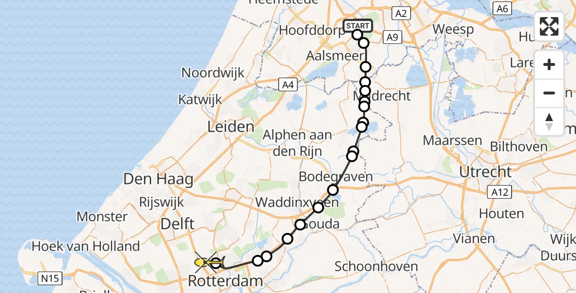 Routekaart van de vlucht: Politieheli naar Rotterdam The Hague Airport, Kemajoranstraat