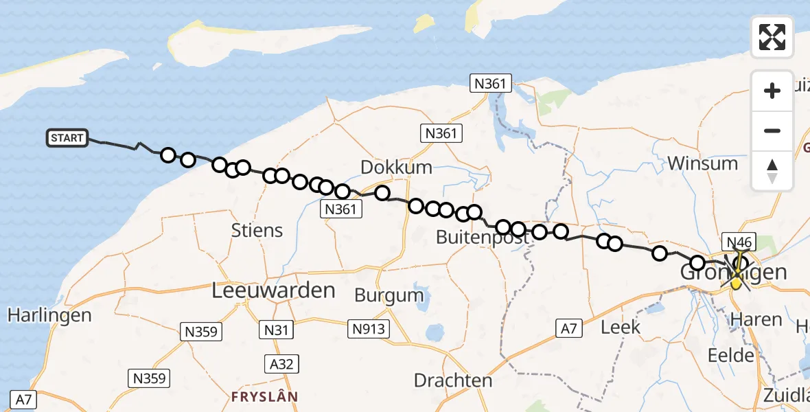 Routekaart van de vlucht: Ambulancehelikopter naar Universitair Medisch Centrum Groningen, Poortweg