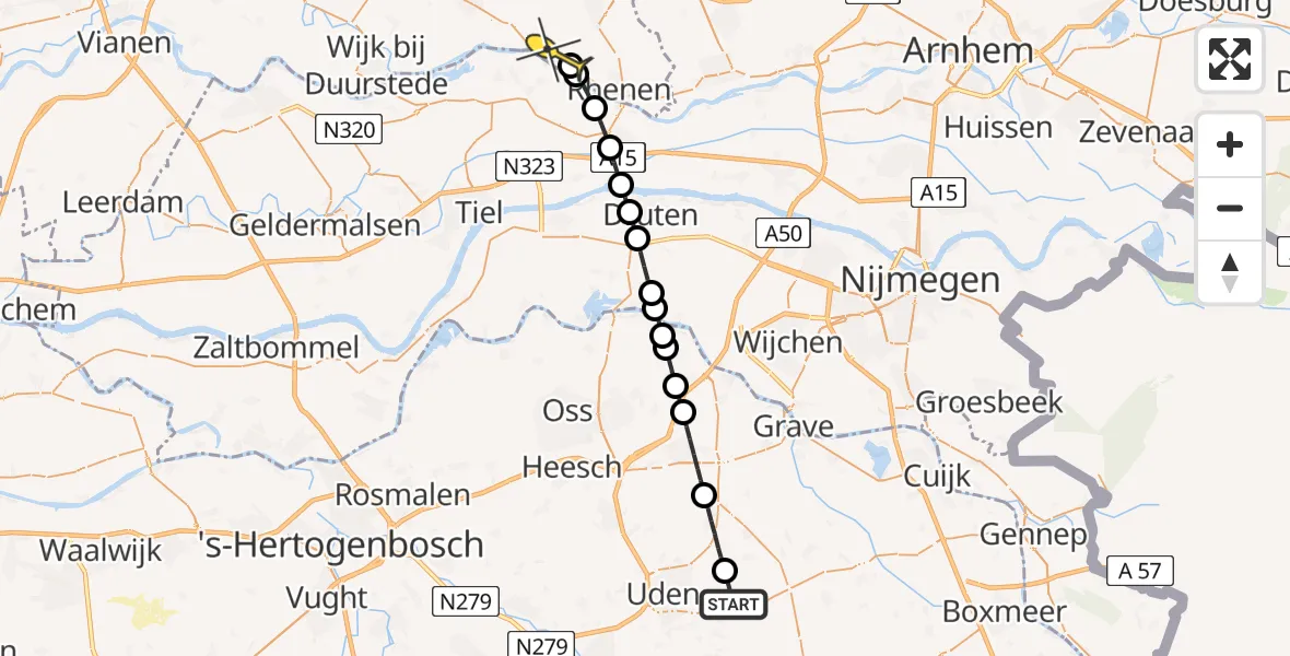 Routekaart van de vlucht: Lifeliner 3 naar Elst, De Bunders