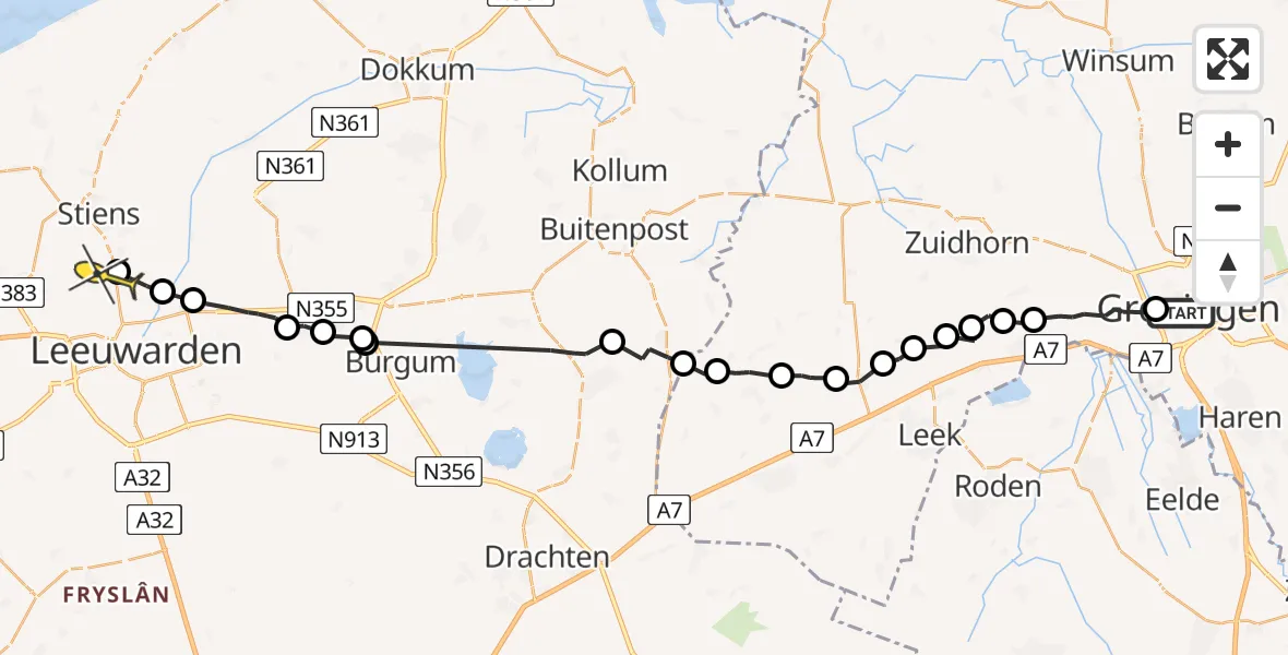 Routekaart van de vlucht: Ambulanceheli naar Vliegbasis Leeuwarden, Breitnerstraat