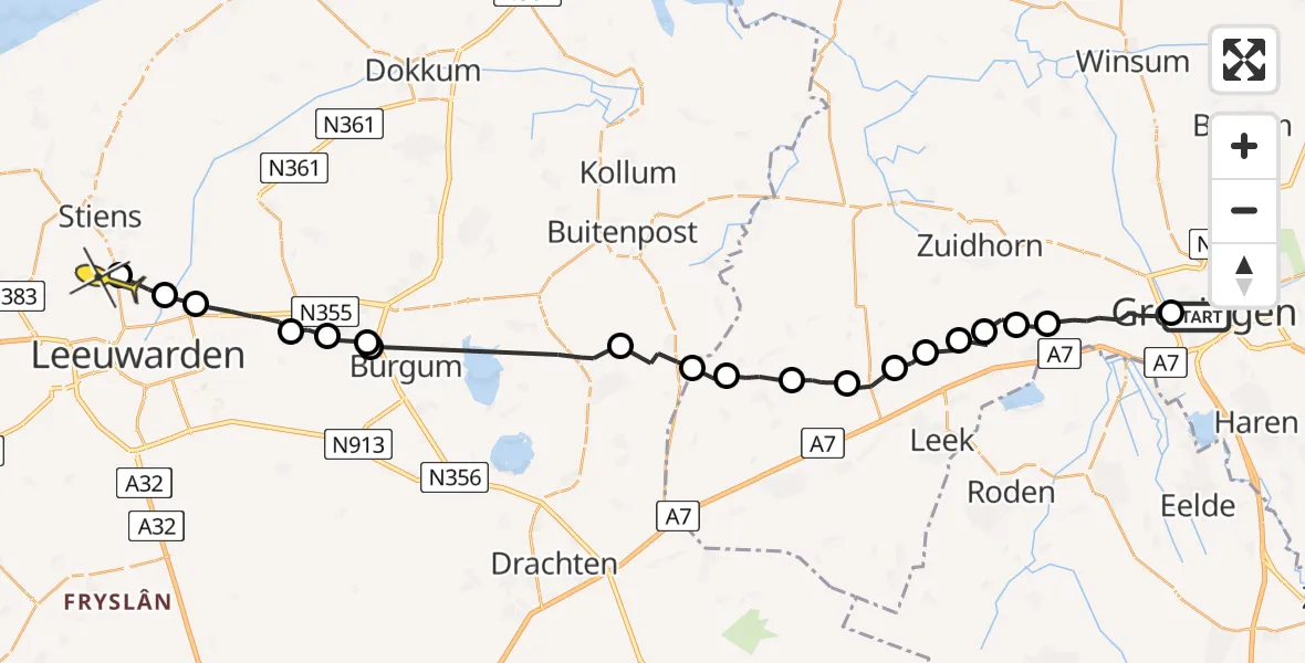 Vluchtroute Ambulancehelikopter van Universitair Medisch Centrum Groningen naar Vliegbasis Leeuwarden