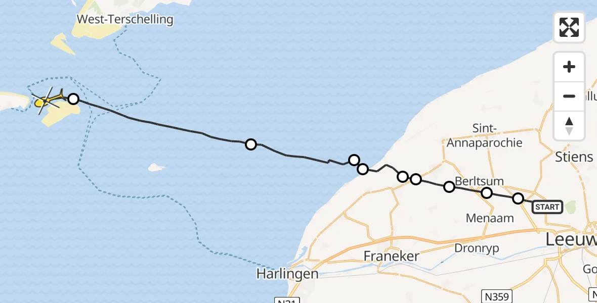 Routekaart van de vlucht: Ambulanceheli naar Vlieland, Folkert Klazingastrjitte