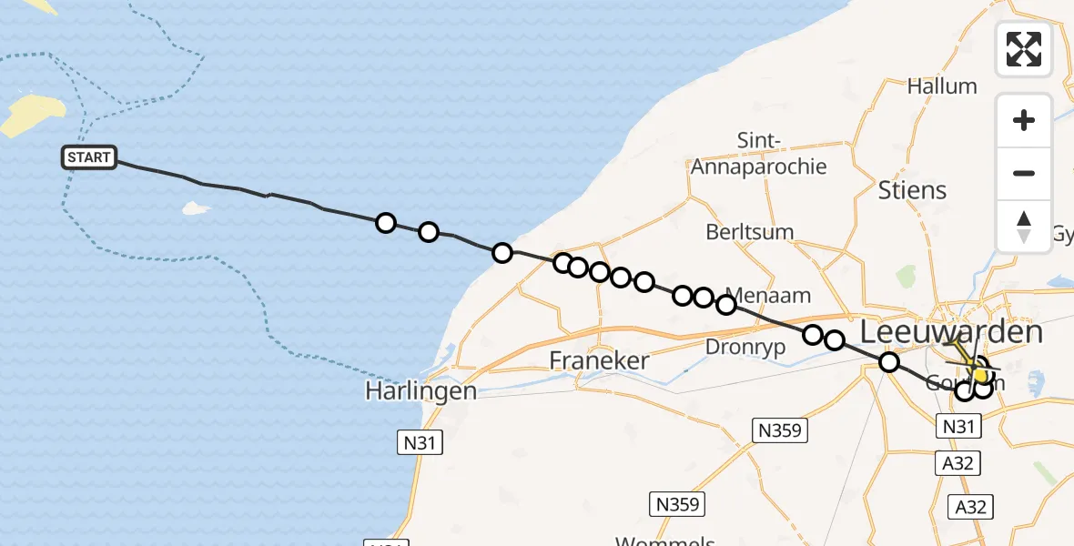 Routekaart van de vlucht: Ambulanceheli naar Leeuwarden, Borniastraat