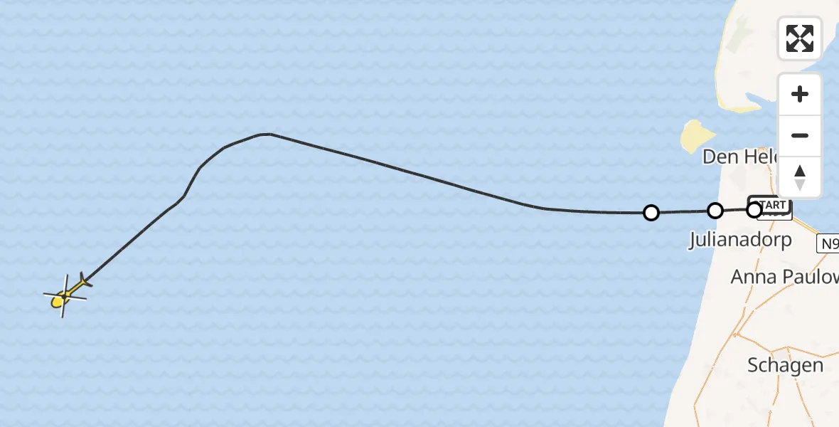 Vluchtroute Kustwachthelikopter van Vliegveld De Kooy naar 