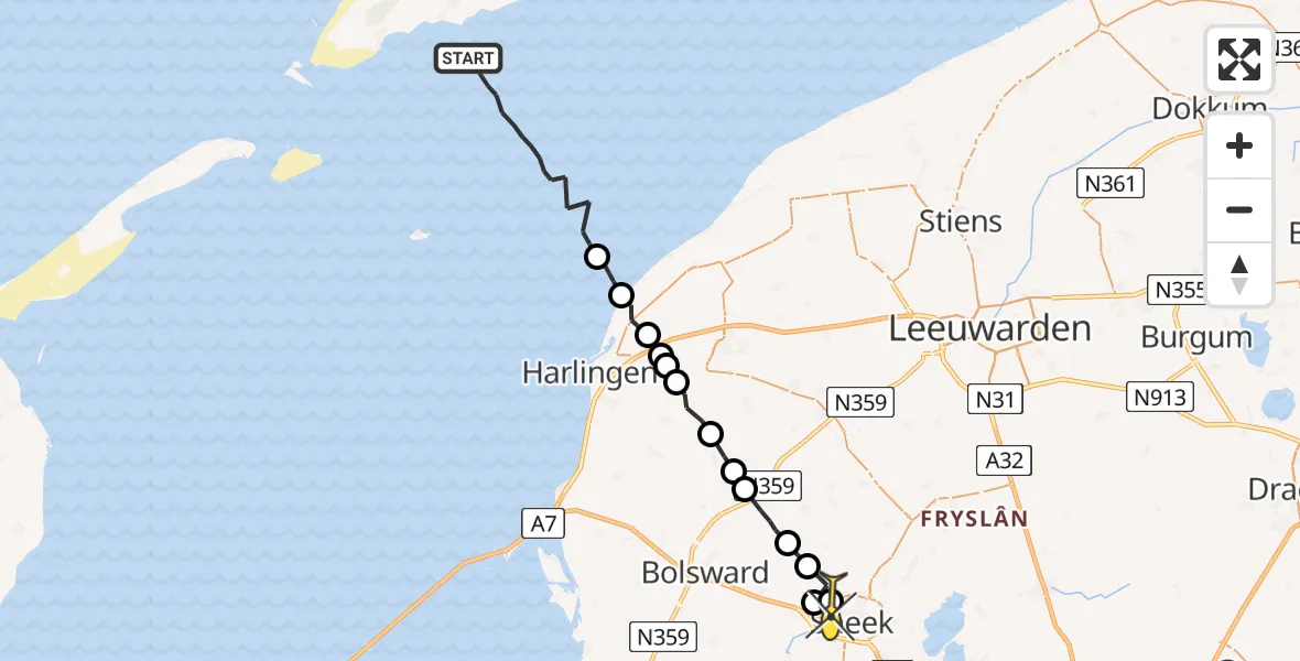 Routekaart van de vlucht: Ambulanceheli naar Sneek, Noord Meep