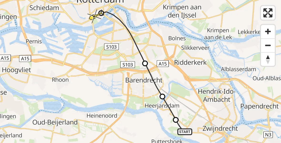 Routekaart van de vlucht: Lifeliner 2 naar Erasmus MC, Lindeweg