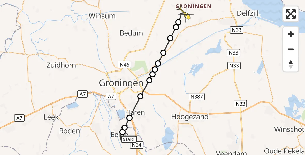 Routekaart van de vlucht: Lifeliner 4 naar Loppersum, Veldkampweg