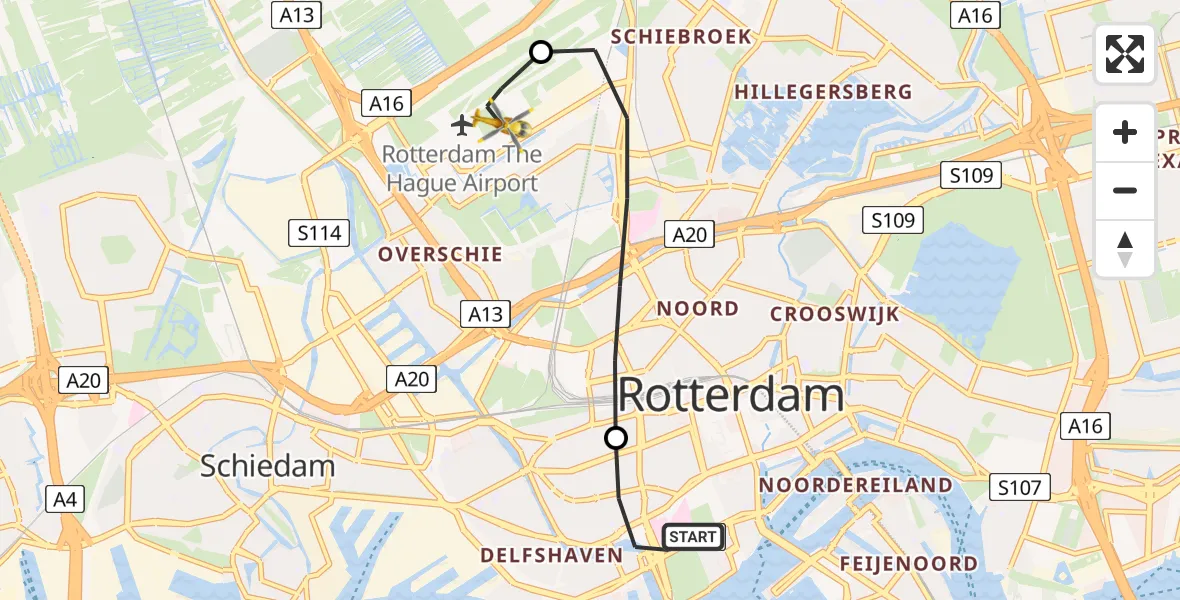 Vluchtroute Traumahelikopter Erasmus MC - Rotterdam The Hague Airport, 08 augustus 2024, 02:24