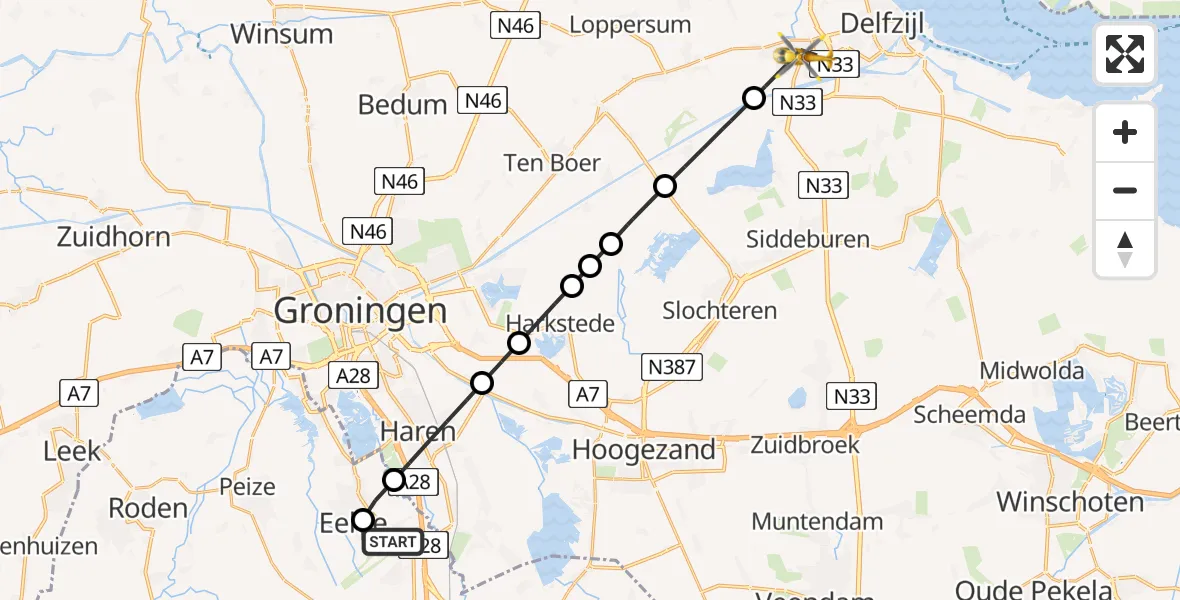 Vluchtroute Traumahelikopter Groningen Airport Eelde - Appingedam, 08 augustus 2024, 04:11