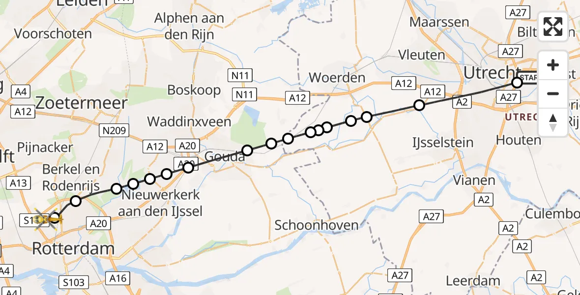 Vluchtroute Traumahelikopter Universitair Medisch Centrum Utrecht - Rotterdam The Hague Airport, 08 augustus 2024, 06:15