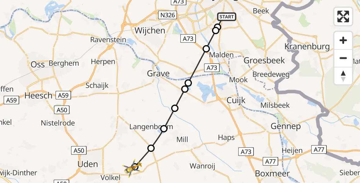 Vluchtroute Traumahelikopter Radboud Universitair Medisch Centrum - Vliegbasis Volkel, 08 augustus 2024, 08:46