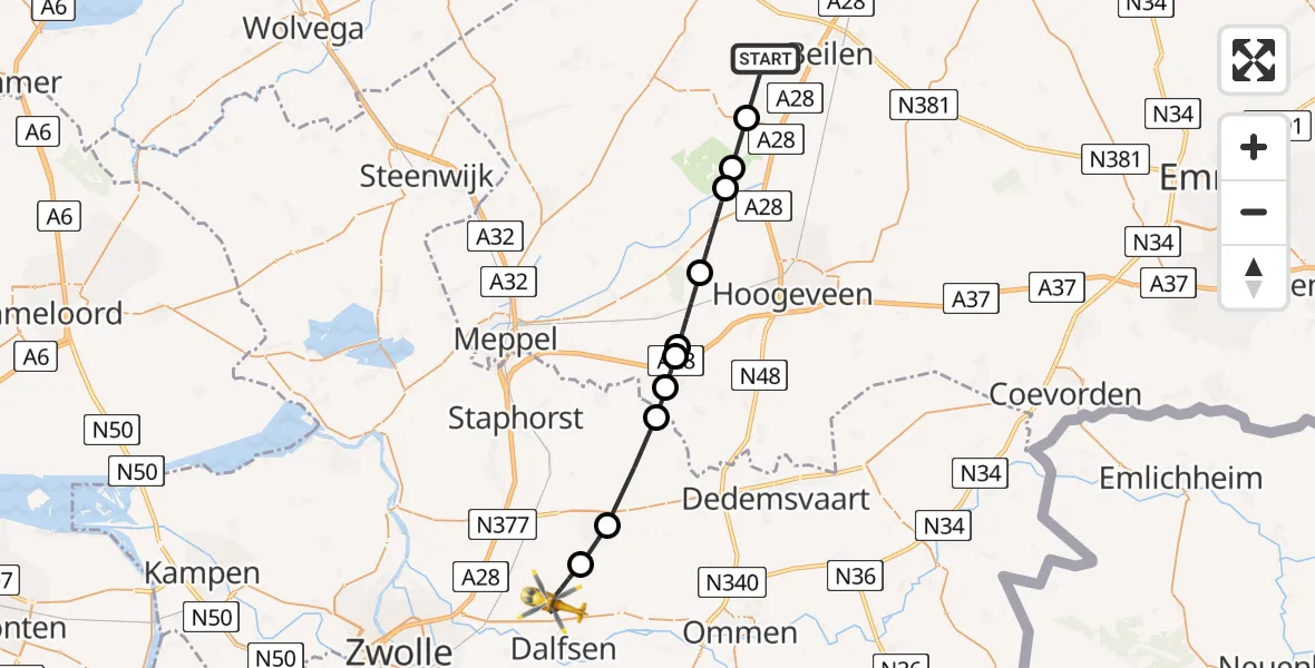 Vluchtroute Traumahelikopter Beilen - Dalfsen, 08 augustus 2024, 11:18