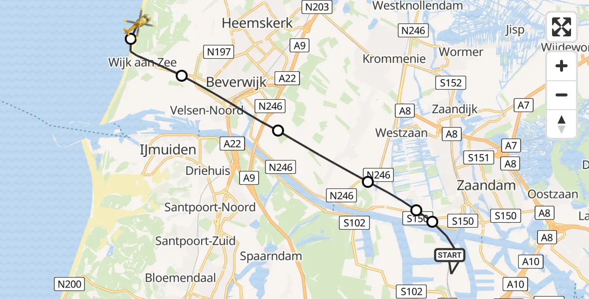 Vluchtroute Traumahelikopter Amsterdam Heliport - Heemskerk, 08 augustus 2024, 11:19