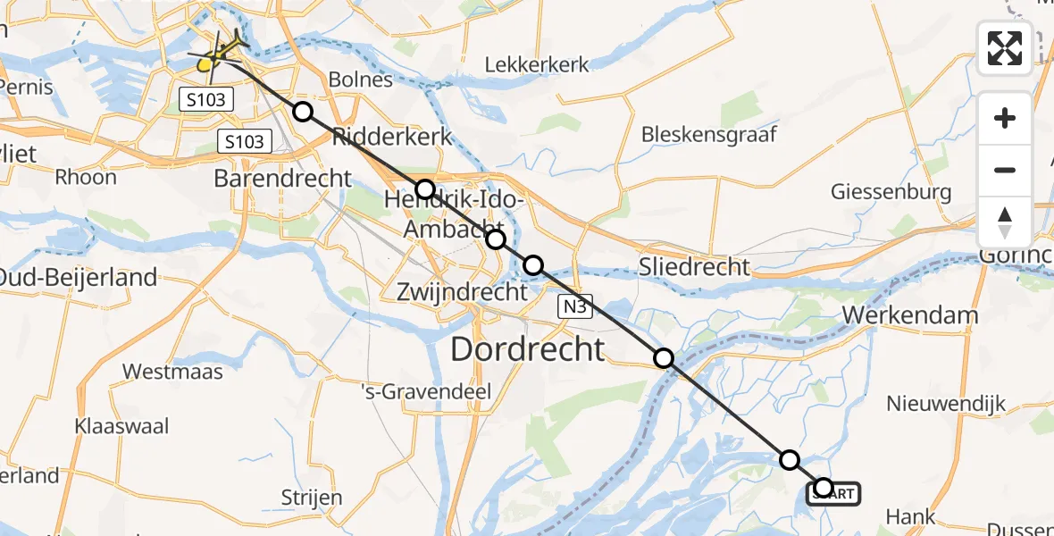 Routekaart van de vlucht: Lifeliner 2 naar Rotterdam, Biesbosch