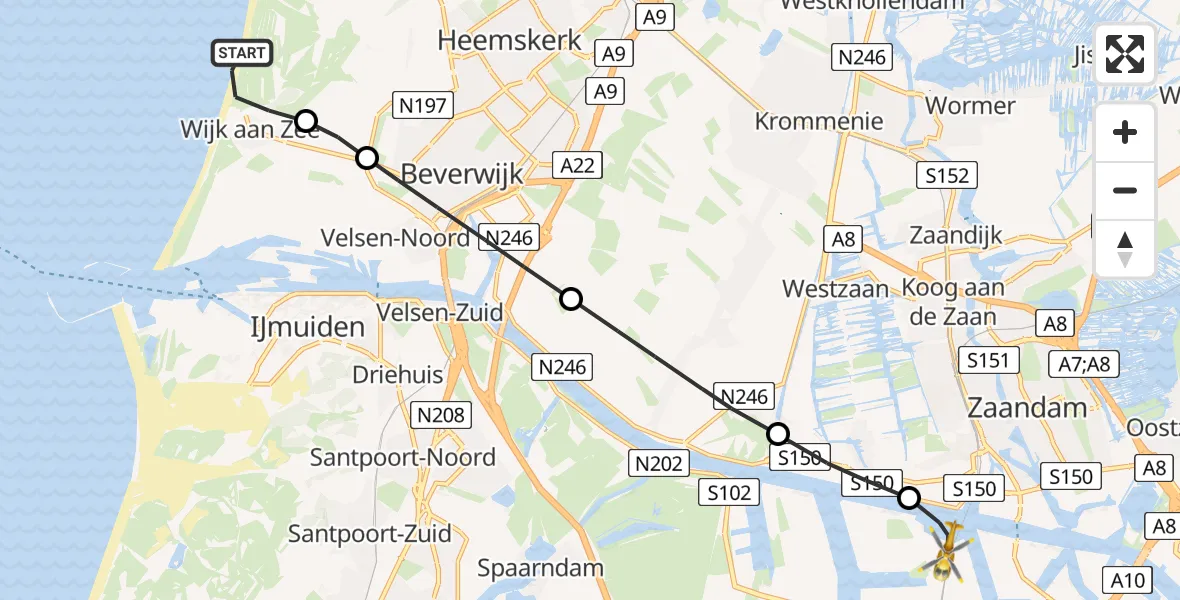 Vluchtroute Traumahelikopter Heemskerk - Amsterdam Heliport, 08 augustus 2024, 11:58