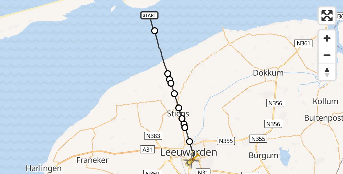 Vluchtroute Ambulancehelikopter Ballum - Leeuwarden, 08 augustus 2024, 12:34