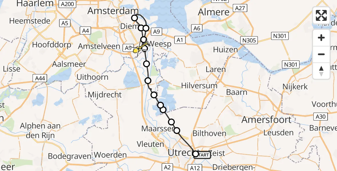 Routekaart van de vlucht: Lifeliner 1 naar Amsterdam, Helsinkilaan